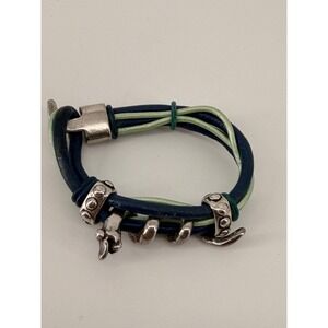 Navy Blue Sage Green Leather Multi Strand Snake Toggle Bracelet Silver Tone